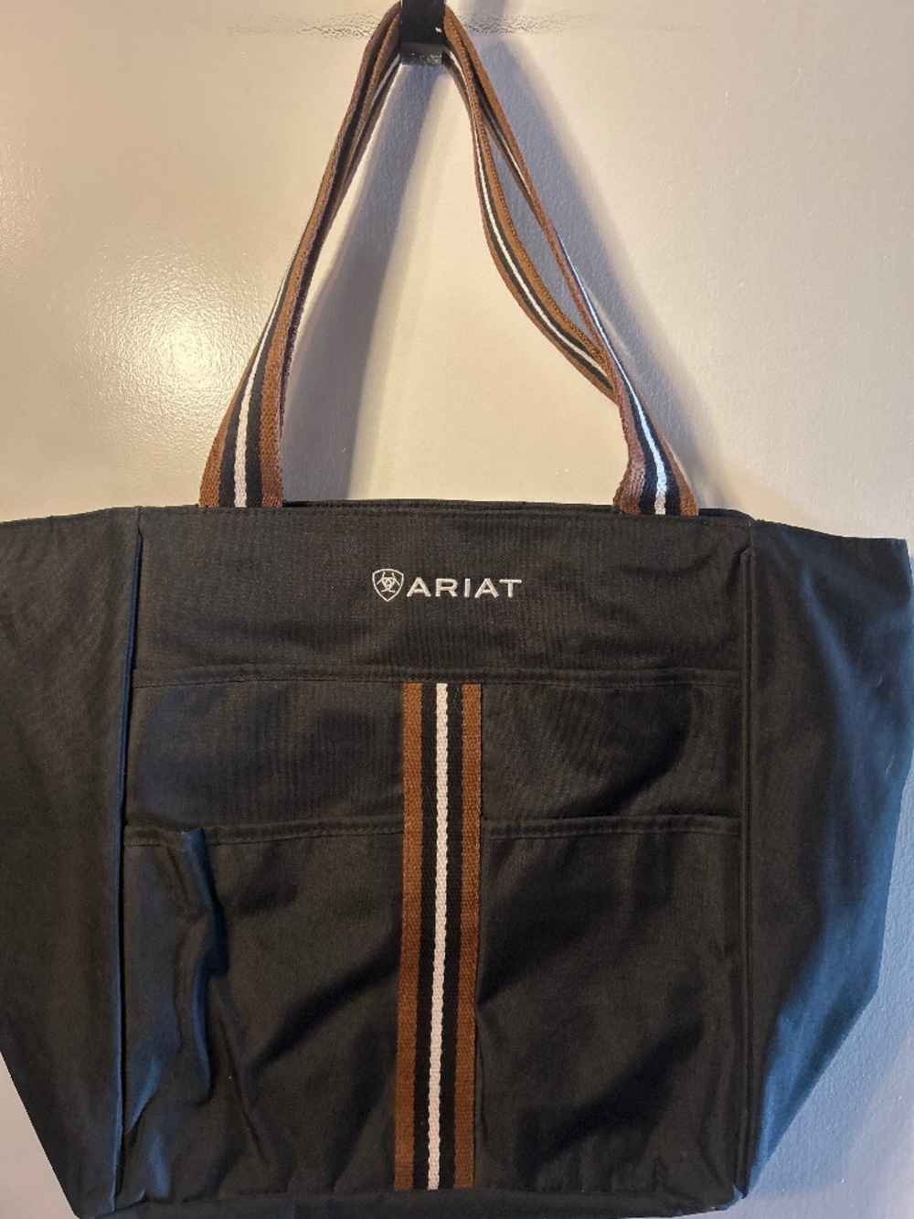 ARIAT Bag Black Brown Striped Handles Canvas Equestrian Horse Carry-All Tote Bag